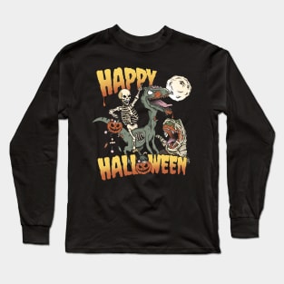 Skeleton Riding Zombie Dinosaur Happy Halloween Long Sleeve T-Shirt